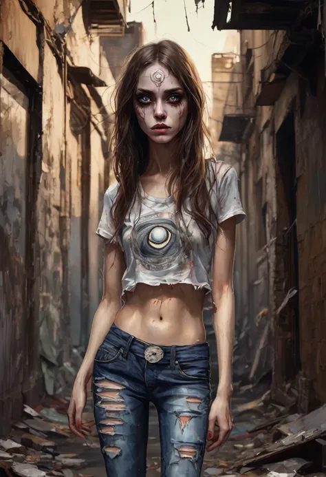 ((good quality), (many details), (masterpiece), young girl with wild brown hair, a third eye on her forehead, vampiress, emaciated, well, at night, in an alley, torn jeans and old used t-shirt,