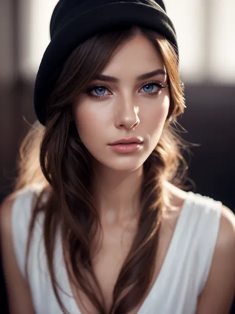 woman in hat and shirt posing for photograph, wearing hat, in hat, fashionable portrait, nun model, portrait of model, fashionable portrait photo, beautiful detailed eyes, beautiful detailed lips, extremely detailed eyes and face, long eyelashes, photoreal...