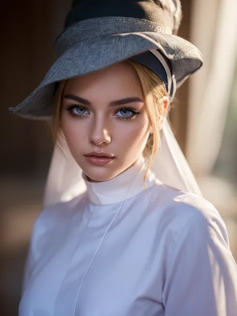 woman in hat and shirt posing for photograph, wearing hat, in hat, fashionable portrait, nun model, portrait of model, fashionable portrait photo, beautiful detailed eyes, beautiful detailed lips, extremely detailed eyes and face, long eyelashes, photoreal...