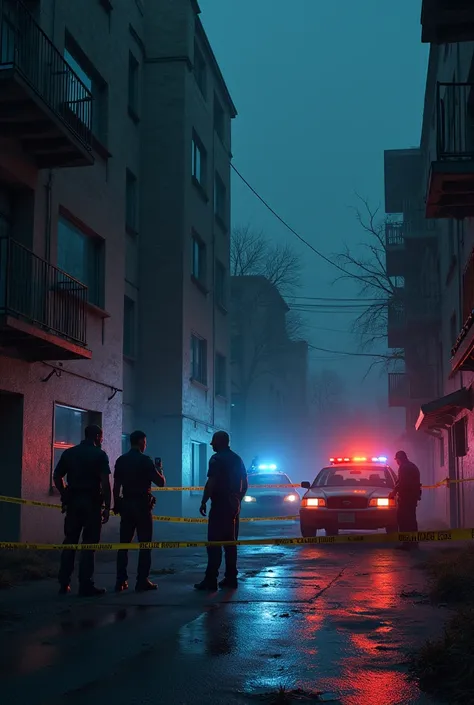 Police officers investigating a crime scene in an apartment complex, with a police car and crime scene tape visible