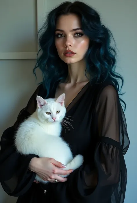 A Latina with dark blue curly hair and dark brown eyes, gothic makeup and her white cat by her side and black dress