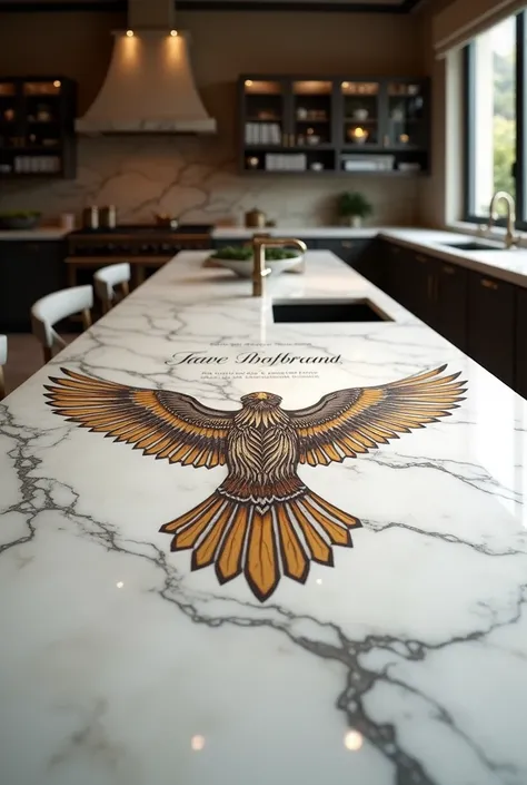 A falcon kitchen with a falcon marble top with writing in the middle of the shaishtop