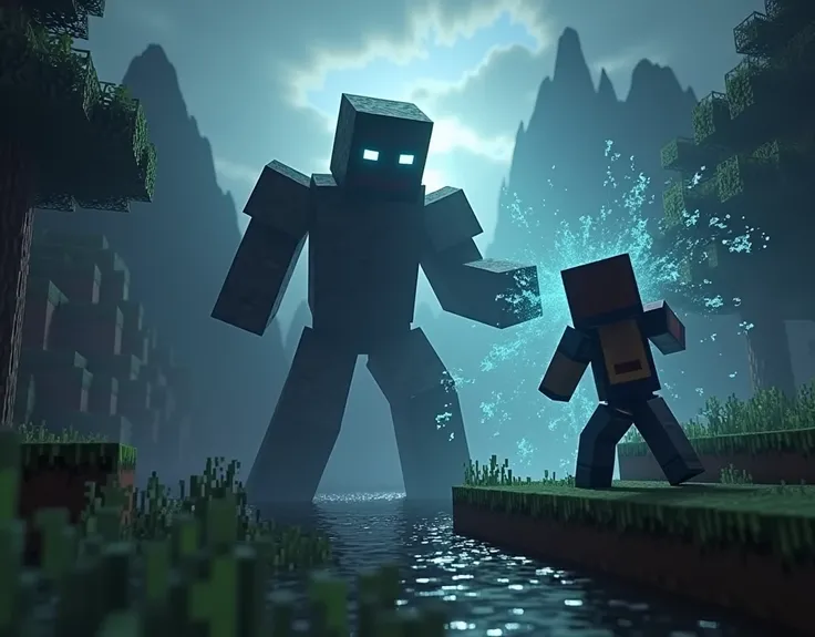 We need an image of Herobrine from Minecraft killing another entity. High quality Minecraft image.