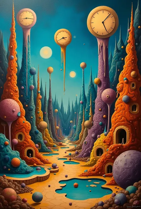 Create a painting in the surrealist style of Salvador Dalí. The image must present a dreamlike and surreal landscape, with distorted and fantastic elements. Incorporate objects and shapes that defy logic, like clocks melting, elongated figures and distorte...