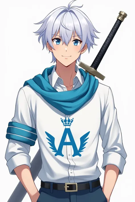 Make a male anime character with short white hair blue eyes male smiling with a blue scarf white shirt with the letter A printed on the shirt with wings on the side of the letter A and a crown on top of the letter A and with a sword on the back 