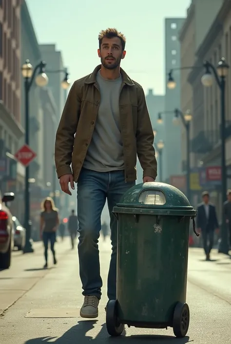 A man is walking, Suddenly he gets scared because a trash can suddenly appeared in front of him