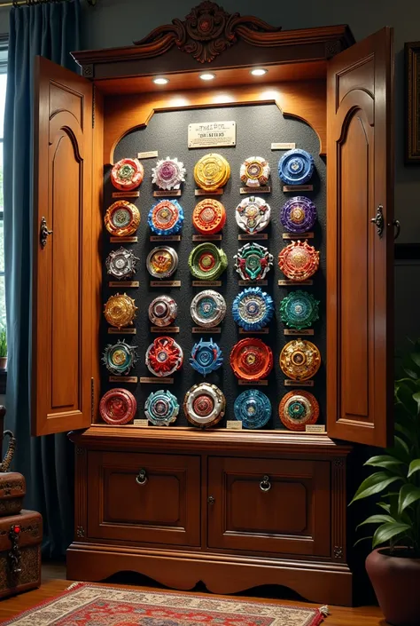 A room wall where real beyblades is displayed in a almira