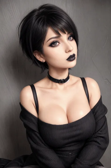 girl, woman, emo_hairstyle, black lipstick, collar, eyeliner, eye shadow, smoky eyes, realistic lighting, short hair, transparency, sweater dress, off the shoulder, hip, strapless, Shiny skin, all fours, arched back , big breasts, full body shot