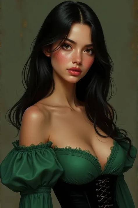 Create the image of a tanned woman with long hair,smooth and very black ,brown eyes,freckles only on the cheeks and nose and a medium-sized pink mouth. She must be alone and wearing a long green dress with puffed sleeves and a black corset.