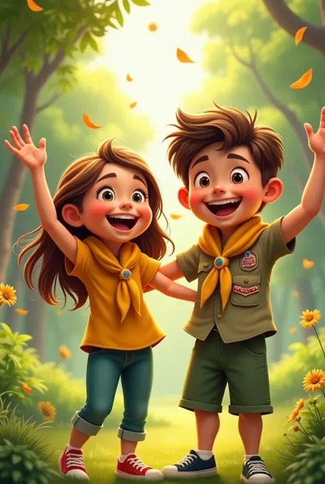 Create a girl and a boy celebrating, dressed in a mustard shirt and green pants, each with his yellow boy scout scarf