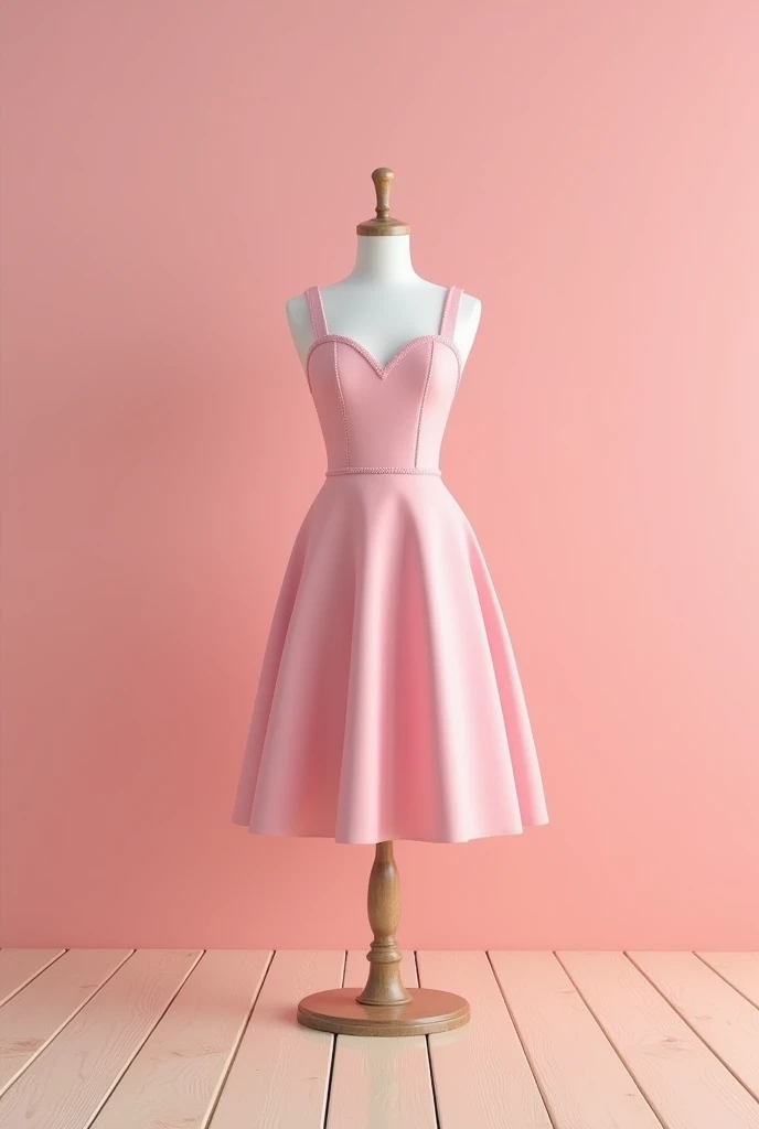  i want it like simple drss i dont want the gir i wznt a maniquin which wear simple pink dress and in princess cutting top and sleeveless should look like stiched dress in pink  background like wall and in the tiles is like wooden sheey