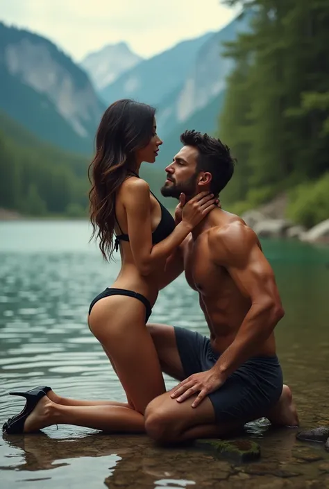 A nude woman showing her high heels and a man sucking her breast kneeling in front of her, 6 pack abs, cute face, river, mountains, forest, closeup