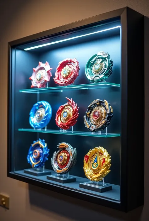 A room wall where real beyblades from metal fusion is displayed in a glass almira