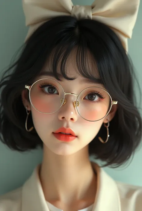 a girl with medium-length black hair with korean bangs, glasses, and a large white hair bow, detailed portrait, beautiful detailed eyes, beautiful detailed lips, extremely detailed eyes and face, long eyelashes, high fashion, elegant, intricate details, ci...