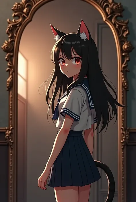 **Prompt:** A cat girl with a defiant, "bad girl" expression stands in front of a beautifully ornate mirror. She is wearing a slightly rumpled student uniform, her posture exuding rebellious confidence. The mirror is intricately designed, with delicate car...