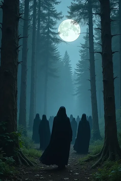 Can you create a photo of a forest for me?, It&#39;s night, the full moon is visible, The trees are tall and big, There are men and women, The women are dressed in black cloaks, These are dancing, and the men are hidden among the trees, They are afraid of ...