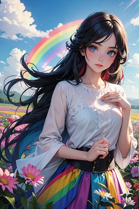 Long-haired rainbow-colored girl, heterochromia, upper body, flower field, big flower