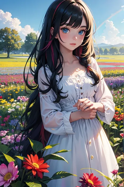 Long-haired rainbow-colored girl, heterochromia, upper body, flower field, big flower