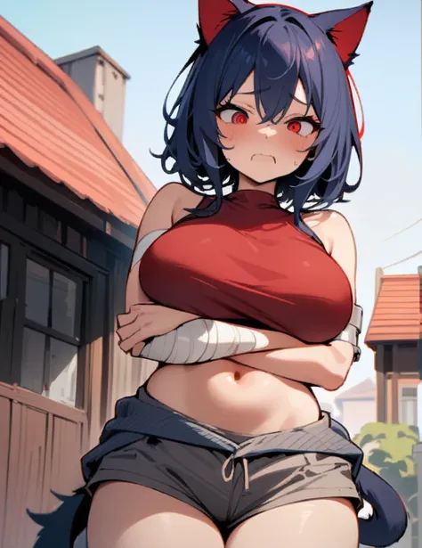 (masterpiece), best quality, cat girl, long navy blue hair with red highlights, crimson red eyes, dark circles, wide open eyes, ...