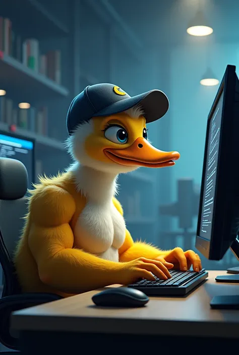 Muscular duck with a cap is programming on his computer 