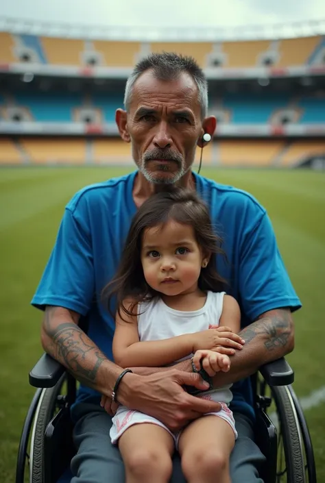 Javier, 3 Colombian man - Thin body due to his Leukemia - Tattooed arms - Soccer field stadium - With a blue shirt, his favorite team - Ear plugs - Short hair - Dark circles under his eyes - Sitting in a wheelchair - Looking at the camera to speak directly...