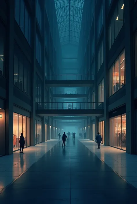 2D empty shopping mall scene at night 
