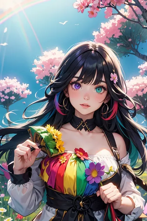 Long-haired rainbow-colored girl, heterochromia, upper body, flower field, big flower, fantasy 