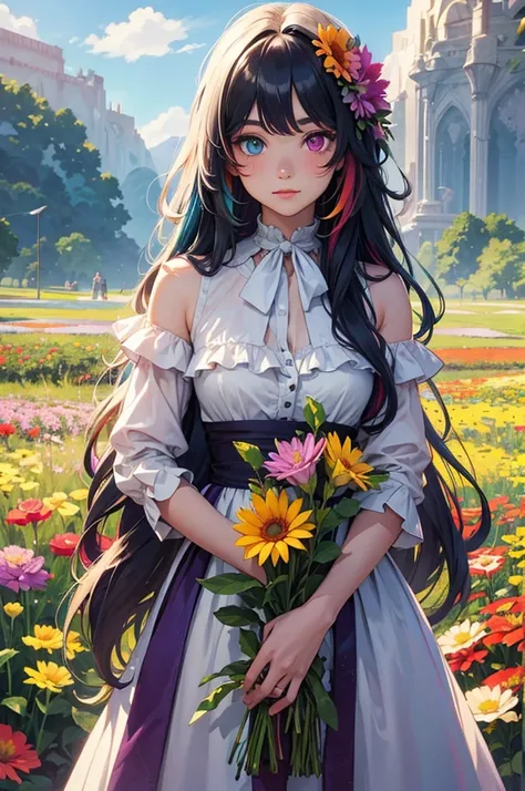 Long-haired rainbow-colored girl, heterochromia, upper body, flower field, big flower, fantasy 