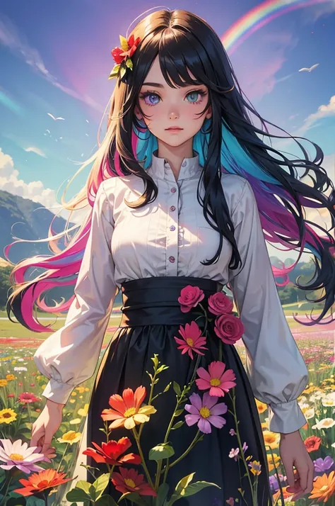 Long-haired rainbow-colored girl, heterochromia, upper body, flower field, big flower, fantasy 