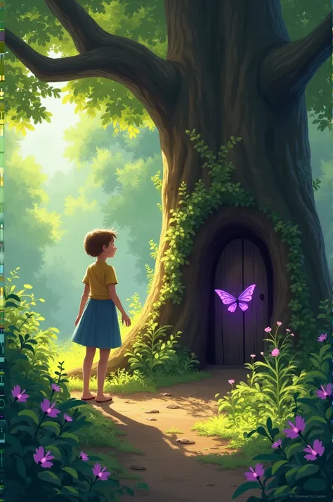 first person point of view  walking in a forest, a bright purple butterfly appears and guides her to a large tree. She looks up and down the tree and finds a rabbit hole. This rabbit hole is closed with an old wooden door. The girl opens the door.