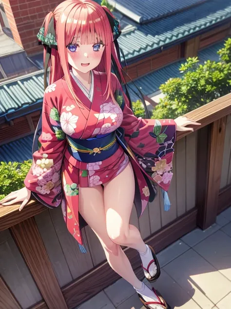 best quality, insanely detailed, nino nakano, breasts, blush, looking at viewer, cheerful eyes, arousal, kimono, highleg kimono, athletic kimono, tight kimono, pussy, full body, roof top background, airwalking