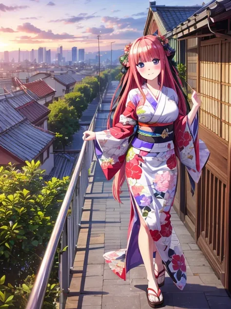 best quality, insanely detailed, nino nakano, breasts, blush, looking at viewer, cheerful eyes, arousal, kimono, highleg kimono, athletic kimono, tight kimono, pussy, full body, roof top background, airwalking