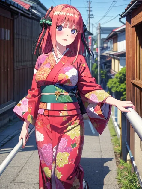 best quality, insanely detailed, nino nakano, breasts, blush, looking at viewer, cheerful eyes, arousal, kimono, highleg kimono, athletic kimono, tight kimono, pussy, full body, roof top background, airwalking