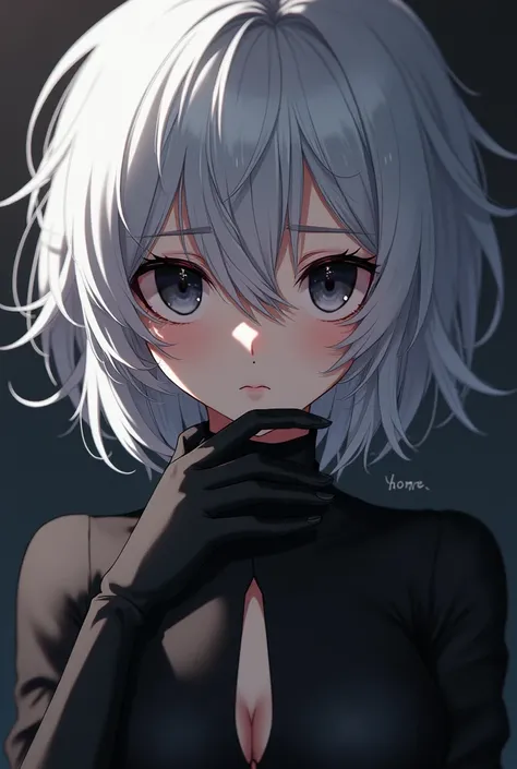 Female, anime style, bored expression, messy hair, white hair, black eyes, black clothing, small boob window, closeup on head, mature face, black fingerless gloves, no sleeves