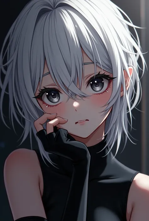 Female, anime style, bored expression, messy hair, white hair, black eyes, black clothing, small boob window, closeup on head, mature face, black fingerless gloves, no sleeves