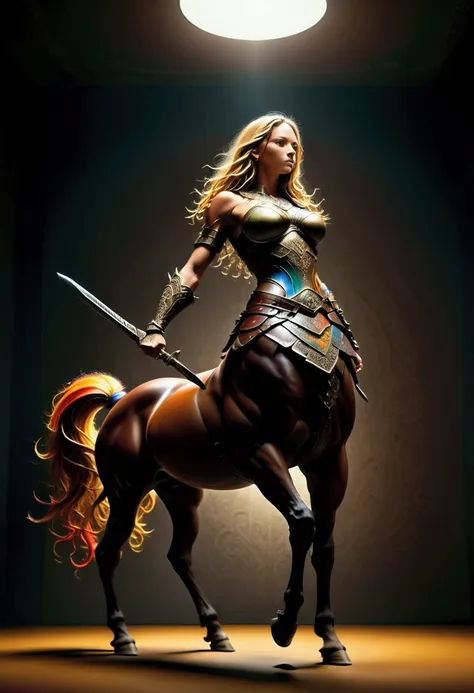 a centaur warrior, silhouette. beautiful cinematic lighting, surreal, color graded, dynamic movement, captivating chiaroscuro, f...