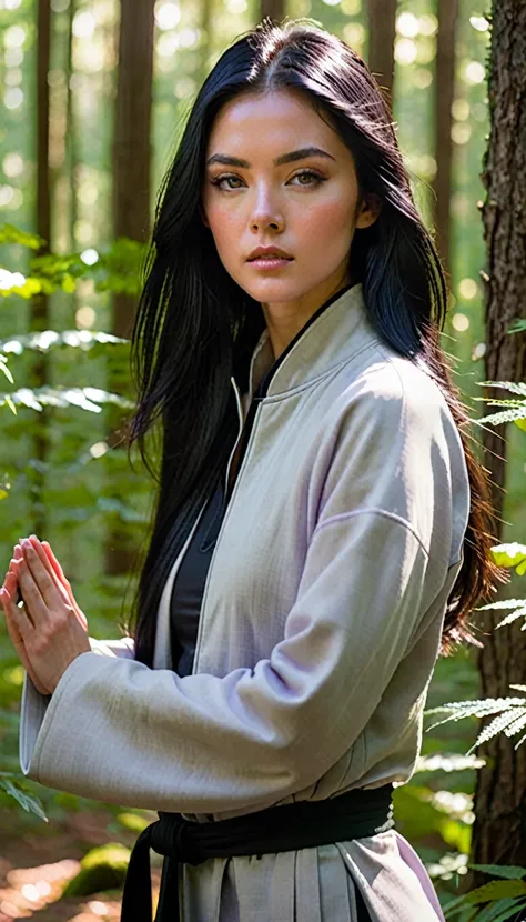 A young woman with long, straight black hair and pale lavender eyes, wearing a soft, light gray jacket with a high collar. Her hair flows gently in the breeze, framing her serene and determined expression. Her skin is fair, and she has a slightly shy yet s...