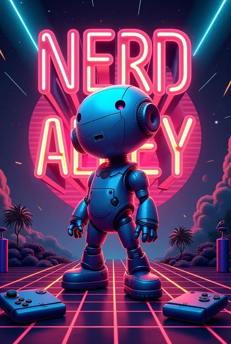 a banner with the title  " A space for all lovers of the nerd universe!" and with these characteristics: Paleta de cores:
neon glowing: neon pink, Green Lemon, electric blue and vibrant purple.
sharp contrast: fund escuro (Black or Navy Blue).
Typography:
...