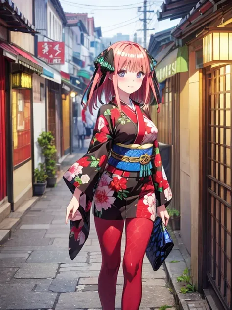 best quality, insanely detailed, nino nakano, breasts, blush, looking at viewer, cheerful eyes, arousal, kimono, highleg kimono, athletic kimono, tight kimono, pussy, roof top background, airwalking