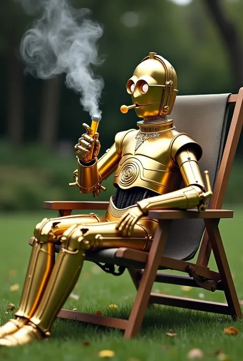 C-3PO smoking a bong on a lawn chair