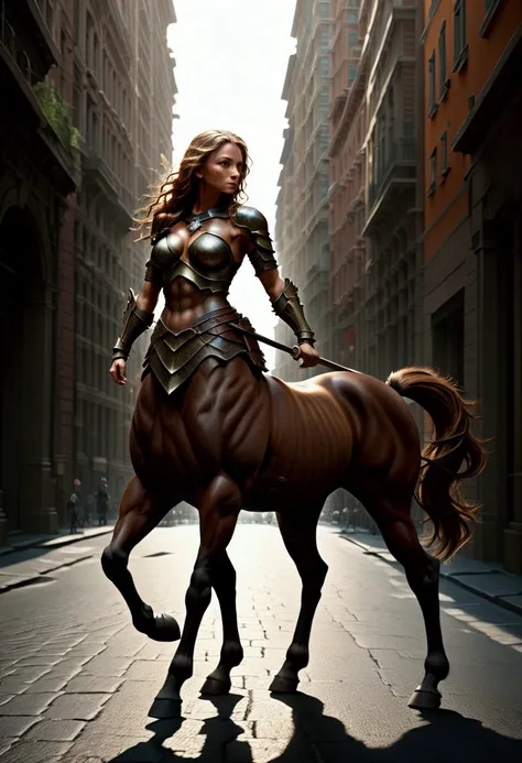 a centaur warrior, silhouette, city street. beautiful cinematic lighting, surreal, color graded, dynamic movement, captivating c...