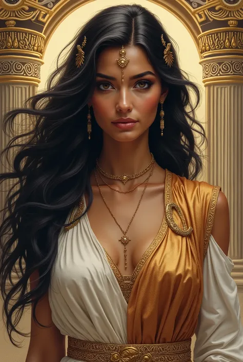 Greek goddess with long hair dark skin clothes from history drawing

 