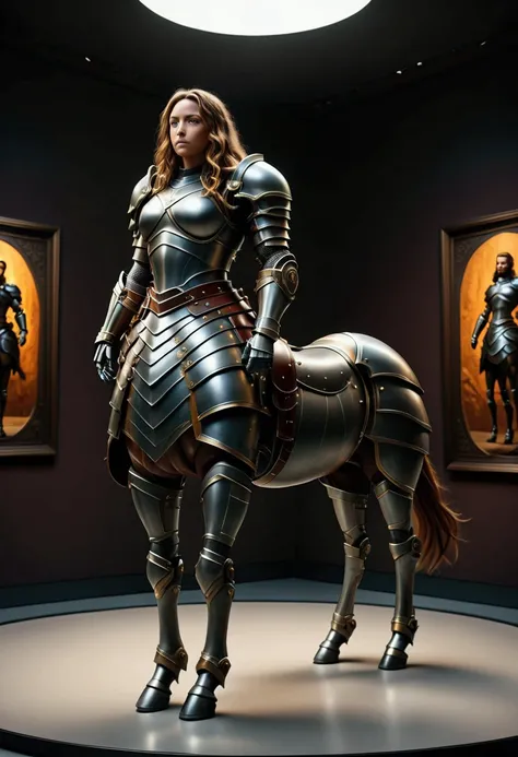 cartoon style, a centaur, armor, museum. beautiful cinematic lighting, surreal, color graded, dynamic movement, captivating chia...