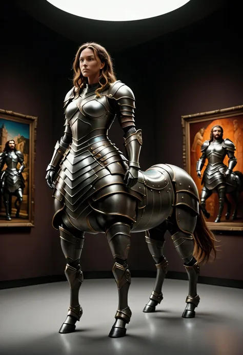 cartoon style, a centaur, armor, museum. beautiful cinematic lighting, surreal, color graded, dynamic movement, captivating chia...