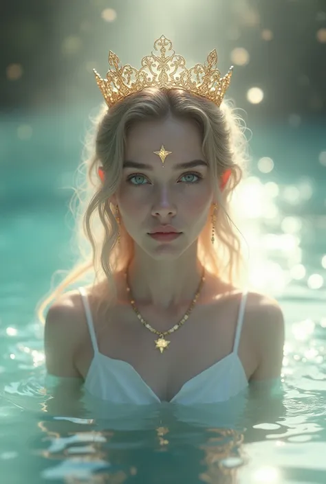 The girl comes out of the water, all in white clothes, with a crown on his head, with a star on the forehead and star-shaped earrings