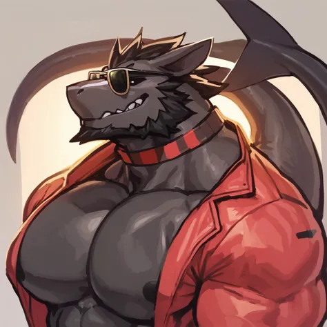 Black skinned bara dragon, very large pecs, strong physique, very muscular, perfect anatomy, masterpiece, black beard, black eyes, strong jaw, giant biceps, shark tail, wearing turtleneck and jacket, stylish clothes, solo, retro anime style, 80s anime styl...