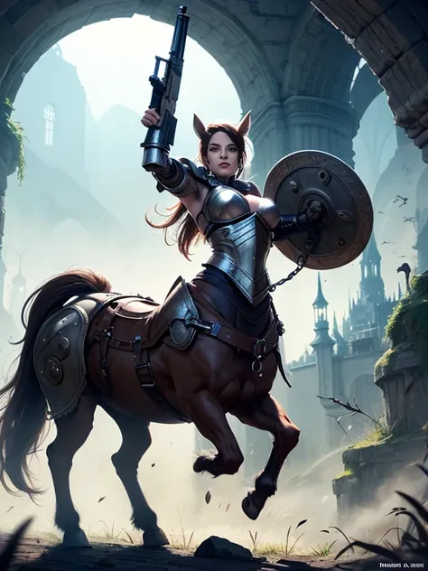 A centaur that is also a cyborg, armour plated, rampant on hind legs, holding a gun, fantasy backdrop 