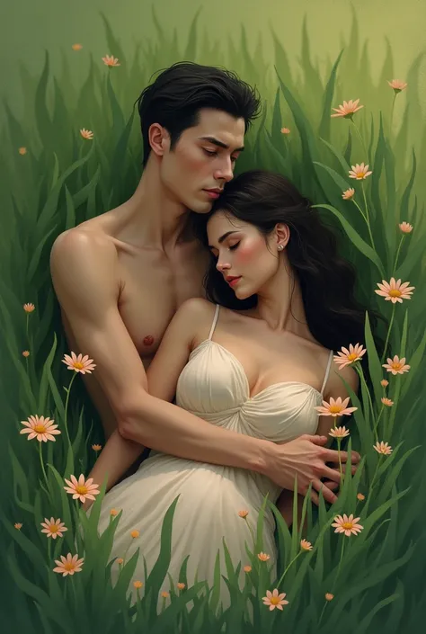 A thin man and a chubby woman, lying on the ground among the grass, hidden.