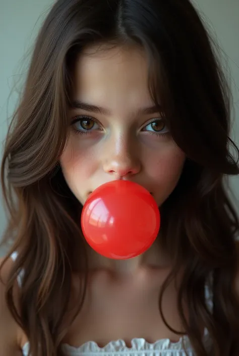 
brunette girl, looking straight ahead, long wavy hair, black eyes, mouth pouting with a bubble gum in her mouth.