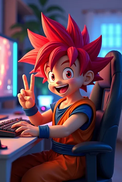 Goku kid with a gaming PC red hair make a v with his fingers 